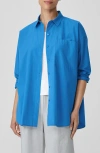 Eileen Fisher Washed Organic Cotton Poplin Classic Collar Long Shirt In Blue