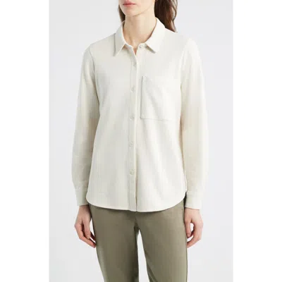 Eileen Fisher Classic Collar Organic Cotton French Terry Button-up Shirt In Brown