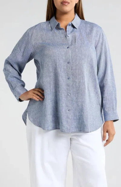 Eileen Fisher Classic Collar Organic Linen Button-up Shirt In Chambray