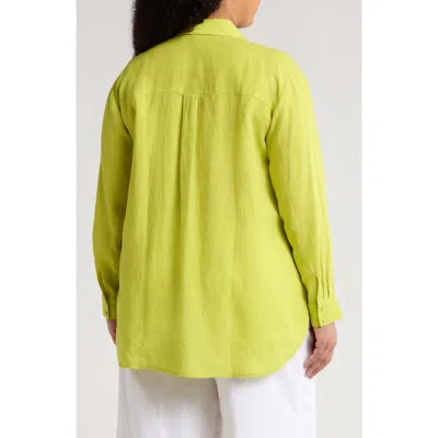 Eileen Fisher Classic Collar Organic Linen Button-up Shirt In Chartreuse
