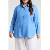 Eileen Fisher Classic Collar Organic Linen Button-up Shirt In Blue
