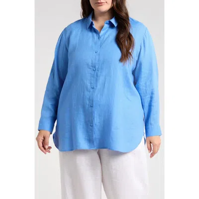 Eileen Fisher Classic Collar Organic Linen Button-up Shirt In Blue