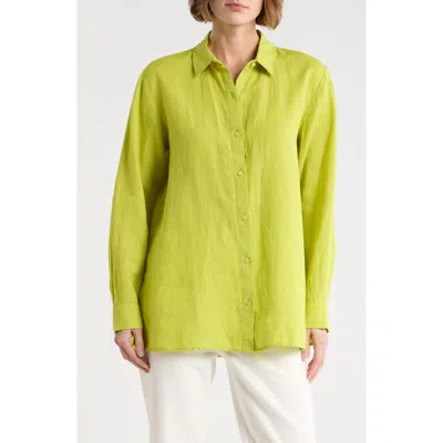 Eileen Fisher Classic Collar Organic Linen Button-up Shirt In Chrts