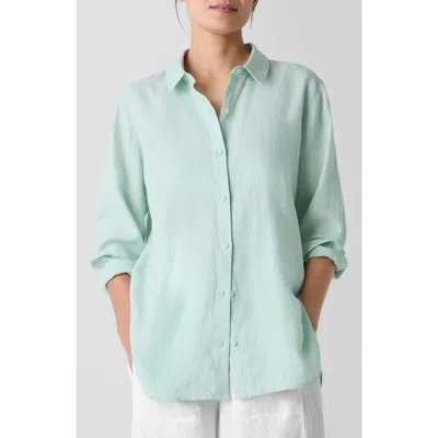Eileen Fisher Classic Collar Organic Linen Long Button-up Shirt In Absinthe