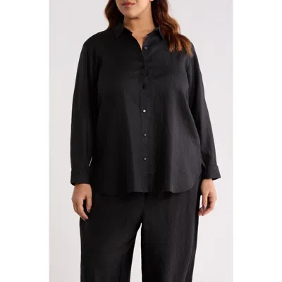 Eileen Fisher Classic Collar Organic Linen Long Button-up Shirt In Black