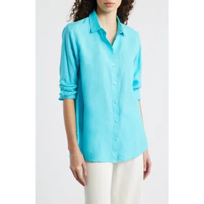 Eileen Fisher Classic Collar Organic Linen Long Button-up Shirt In Blue