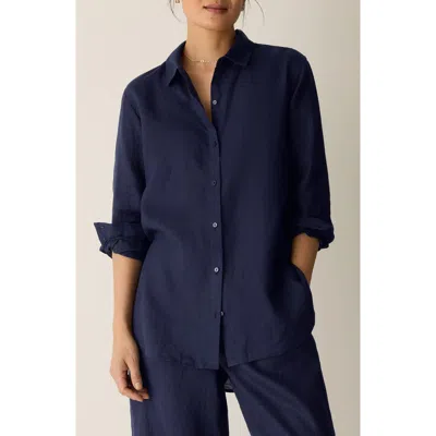 Eileen Fisher Classic Collar Organic Linen Long Button-up Shirt In Blue