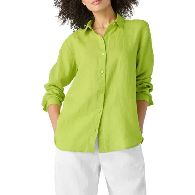 Eileen Fisher Classic Collar Organic Linen Long Button-up Shirt In Chartreuse