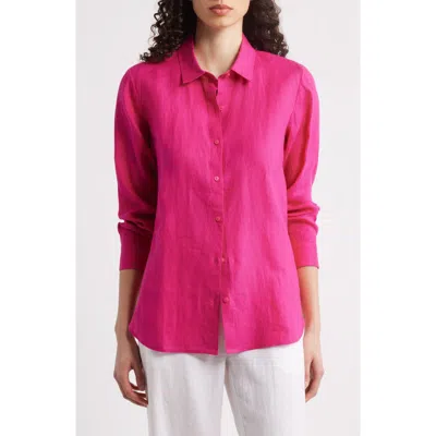 Eileen Fisher Classic Collar Organic Linen Long Button-up Shirt In Fuchsia