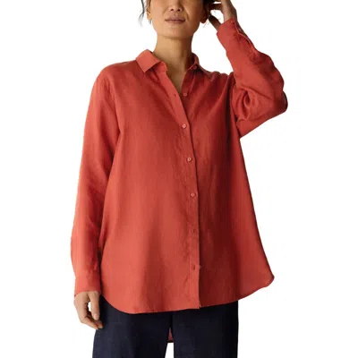 Eileen Fisher Classic Collar Organic Linen Long Button-up Shirt In Red