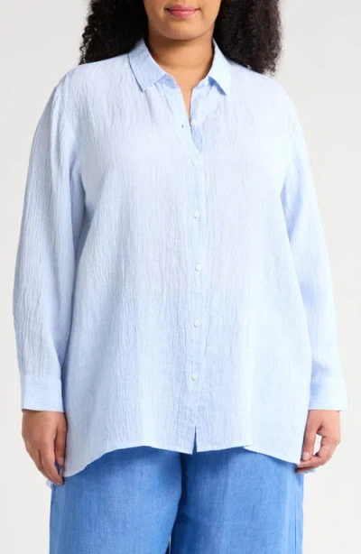Eileen Fisher Classic Collar Organic Linen Long Button-up Shirt In Ultramarine