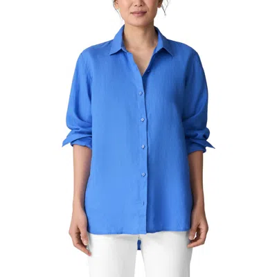 Eileen Fisher Classic Collar Organic Linen Long Button-up Shirt In Ultramarine