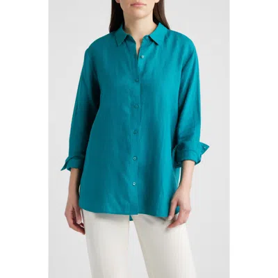 Eileen Fisher Classic Collar Organic Linen Long Button-up Shirt In Blue