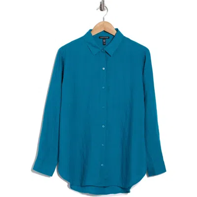 Eileen Fisher Classic Collar Organic Linen Long Button-up Shirt In Blue