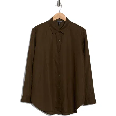 Eileen Fisher Classic Collar Organic Linen Long Button-up Shirt In Brown
