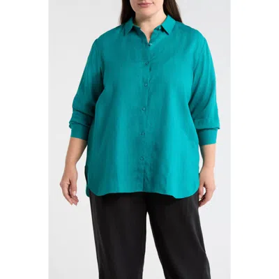 Eileen Fisher Classic Collar Organic Linen Long Button-up Shirt In Green
