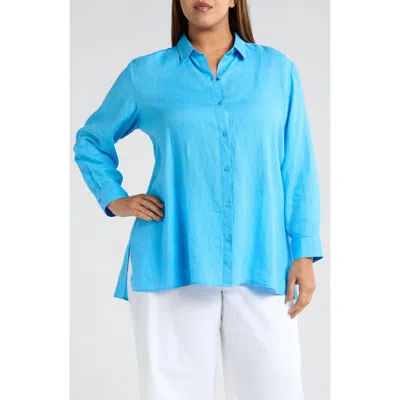 Eileen Fisher Classic Collar Organic Linen Shirt In Azure