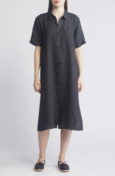 Eileen Fisher Classic Collar Organic Linen Shirtdress In Graphite