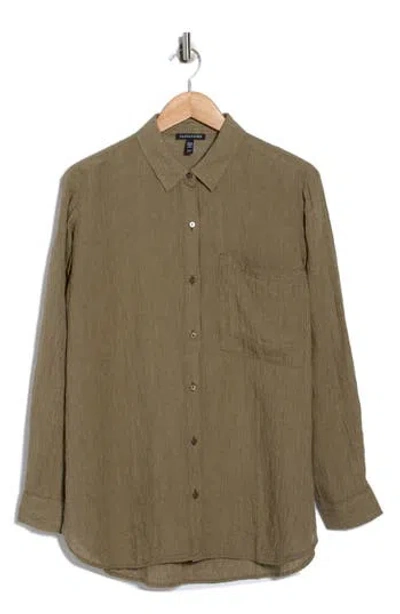 Eileen Fisher Classic Collar Oversize Organic Linen Button-up Shirt In Brown