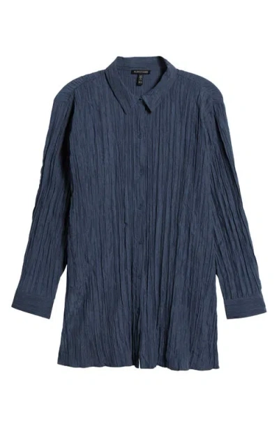 Eileen Fisher Classic Collar Pleated Longline Silk Button-up Shirt In Eclipse