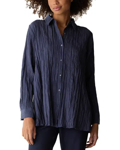Eileen Fisher Classic Collar Pleated Silk Shirt In Blue
