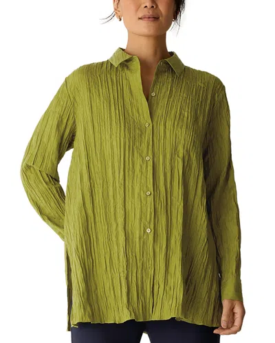 Eileen Fisher Classic Collar Pleated Silk Shirt In Green