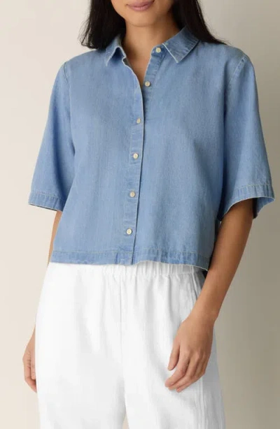 Eileen Fisher Classic Collar Short Sleeve Button-up Shirt In Blue