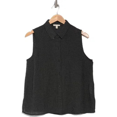 Eileen Fisher Classic Collar Sleeveless Checkered Button-up Shirt In Black