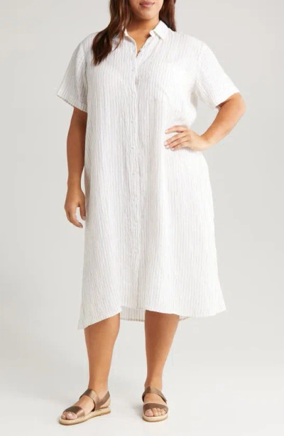 Eileen Fisher Classic Collar Stripe Organic Linen Shirtdress In White/ Bronze