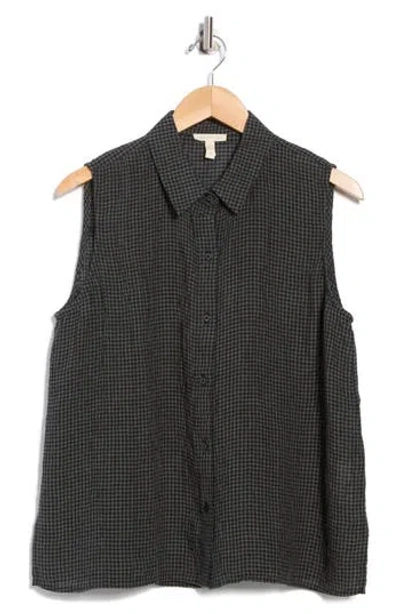 Eileen Fisher Classic Gingham Sleeveless Organic Linen Button-up Shirt In Black