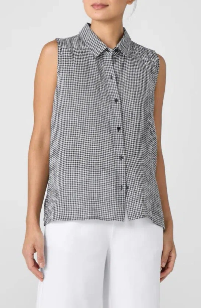 Eileen Fisher Sleeveless Gingham Organic Linen Shirt In Black And White