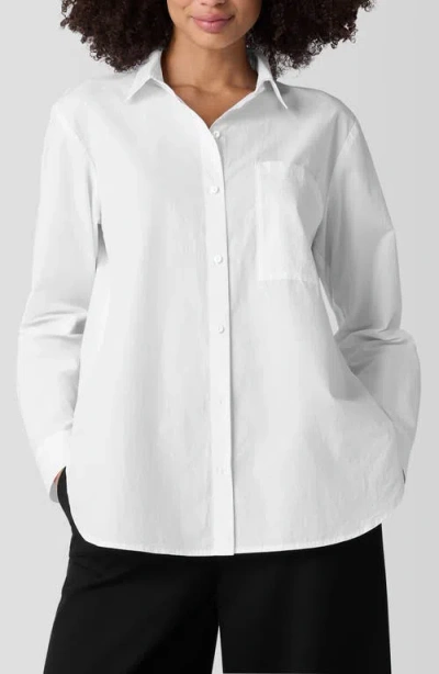 Eileen Fisher Classic Long Organic Cotton Button-up Shirt In White
