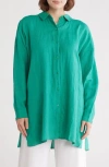 Eileen Fisher Classic Long Organic Linen Button-up Shirt In Green
