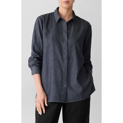 Eileen Fisher Classic Long Sleeve Organic Cotton Chambray Button-up Shirt In Blue