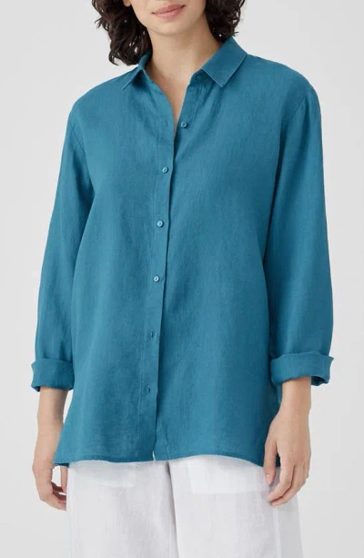 Eileen Fisher Classic Long Sleeve Organic Linen Button-up Shirt In River