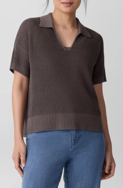 Eileen Fisher Classic Organic Cotton & Silk Polo Sweater In Brown