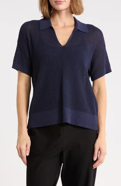Eileen Fisher Classic Organic Cotton & Silk Polo Sweater In Midnt