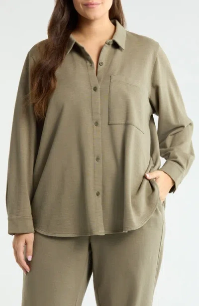 Eileen Fisher Classic Organic Cotton Terry Button-up Shirt In Black