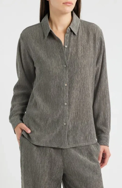 Eileen Fisher Classic Plissé Button-up Shirt In Gray
