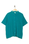 Eileen Fisher Classic Short Sleeve Organic Cotton Gauze Button-up Shirt In Esmeralda