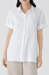Eileen Fisher Classic Short Sleeve Organic Linen Button-up Shirt In White