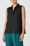 Eileen Fisher Classic Sleeveless Organic Linen Button-up Shirt In Black