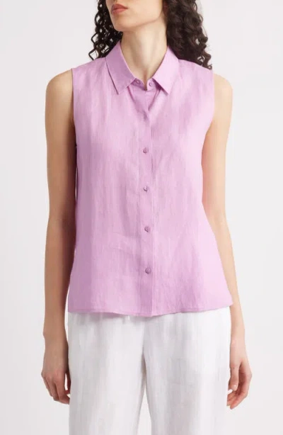 Eileen Fisher Classic Sleeveless Organic Linen Button-up Shirt In French Lilac