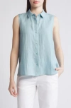 Eileen Fisher Classic Sleeveless Organic Linen Button-up Shirt In Seafoam
