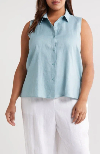 Eileen Fisher Classic Sleeveless Organic Linen Button-up Shirt In Seafoam
