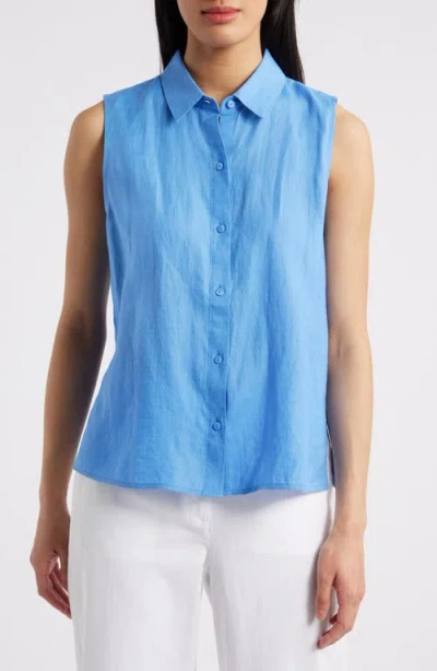 Eileen Fisher Classic Sleeveless Organic Linen Button-up Shirt In Ultma