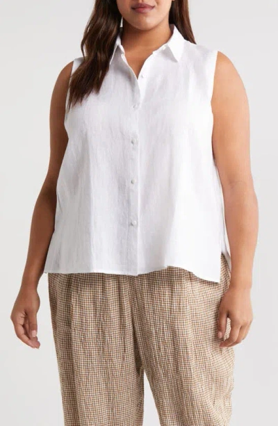 Eileen Fisher Classic Sleeveless Organic Linen Button-up Shirt In White