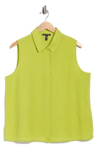 Eileen Fisher Classic Sleeveless Organic Linen Button-up Shirt In Green