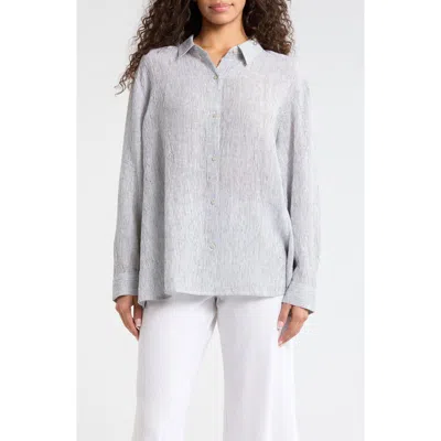 Eileen Fisher Classic Stripe Linen Button-up Shirt In Gray