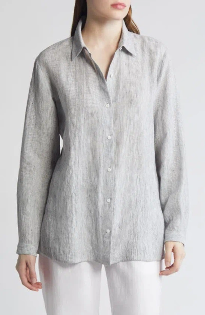 Eileen Fisher Classic Stripe Organic Linen Button-up Shirt In White Black